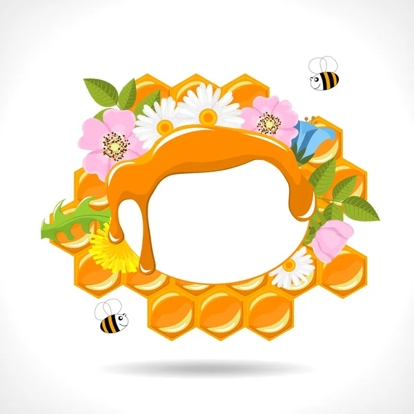 Tło z plastra miodu, miód, kwiaty i pszczoły — Wektor stockowy