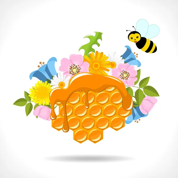 Honeycomb with honey, flowers and bees — Stock Vector