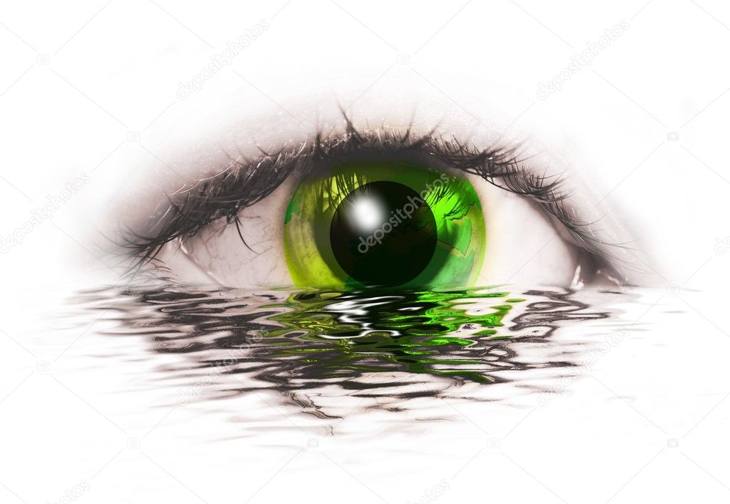Abstract human eye with green earth with water reflection