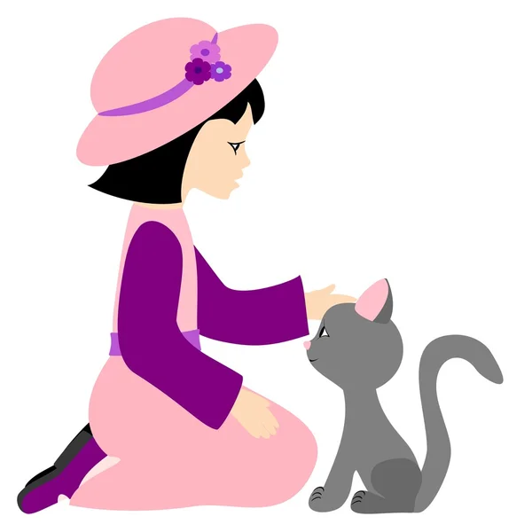Vector meisje met een cute kitty geïsoleerd op een witte pagina — Stockvector