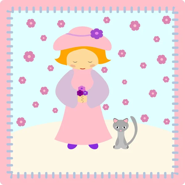 Розовая девушка с котенком — стоковый вектор