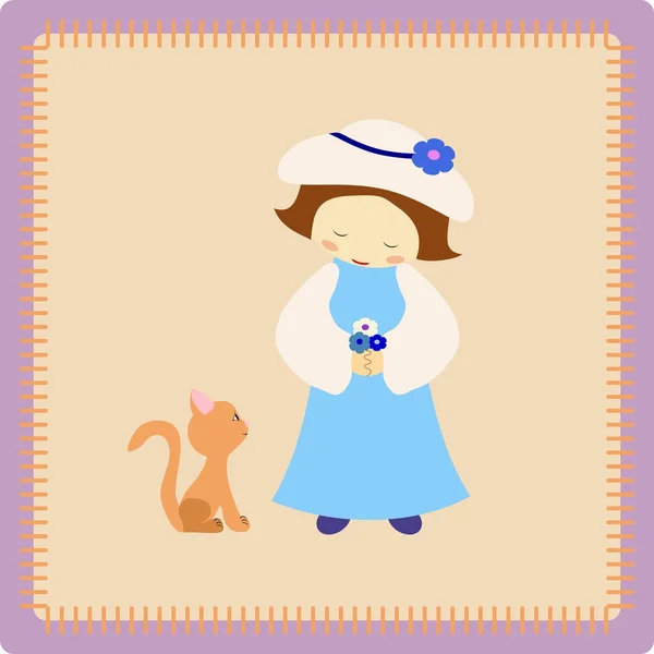 Petite fille avec chaton brun mignon — Image vectorielle