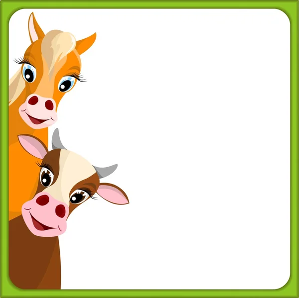 Schattige koe en paard in groene frame — Stockvector