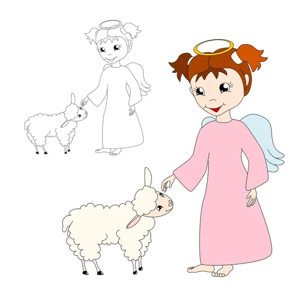 Angelo dei cartoni animati con agnello — Vettoriale Stock