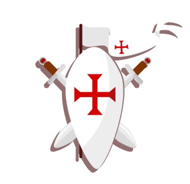 Templar sign - shield with red cross, swords and white flag clipart