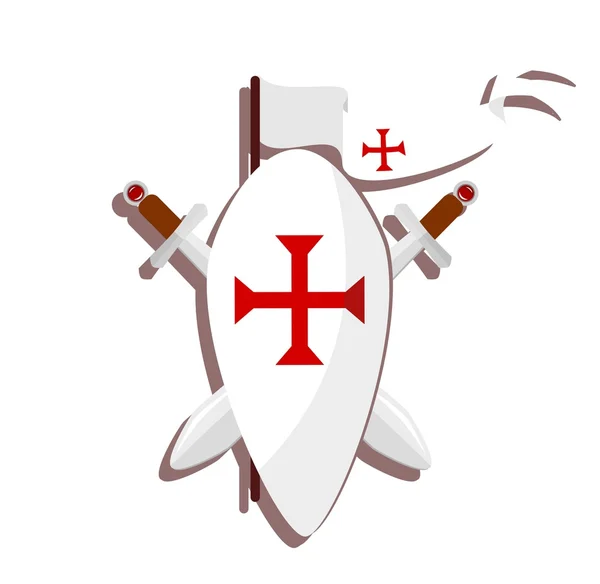 Signo templario - escudo con cruz roja, espadas y bandera blanca — Vector de stock