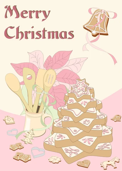 Arbre de Noël en pain d'épice illustré avec poinsettia — Image vectorielle