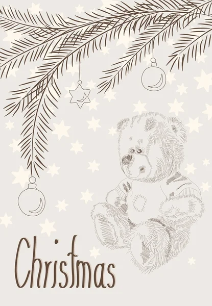 Handgezeichnete Weihnachtskarte mit Bär und Zweigen — Stockvektor
