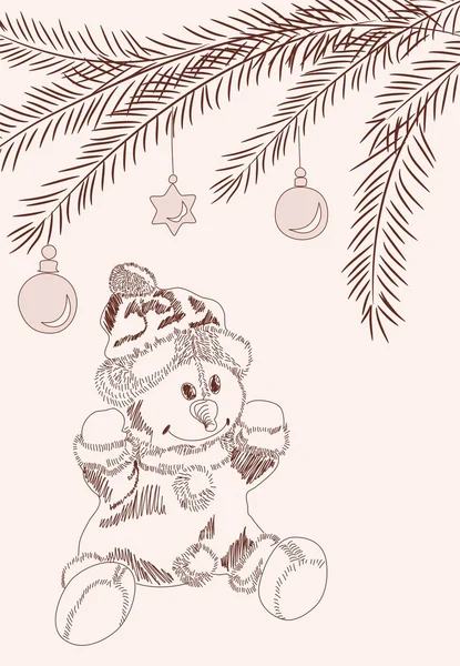 Cartão de Natal desenhado à mão com boneco de neve em vestido de Papai Noel —  Vetores de Stock