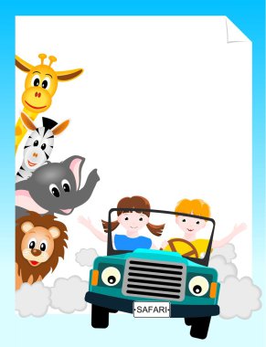 Children in car with animals clipart