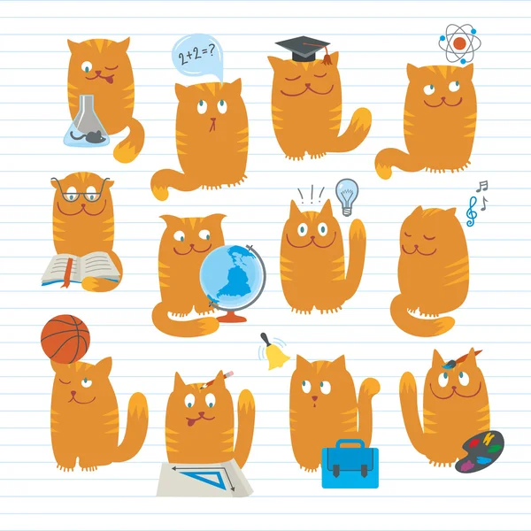 Cute Cats Studing School Subjects - Stok Vektor