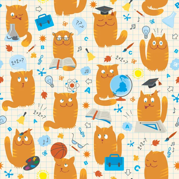 Seamless Pattern - Cats Studing School Subjects — Stock Vector