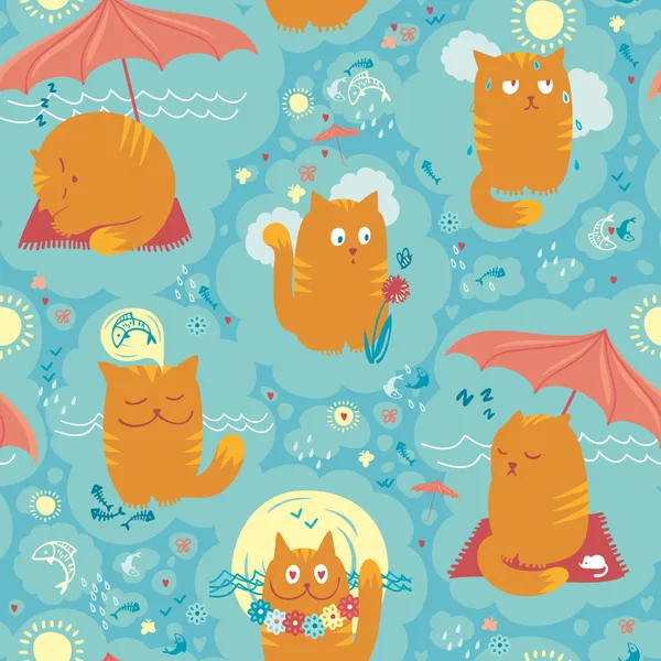 Seamless Pattern - Summer Cats - Summer Cats — Stock Vector