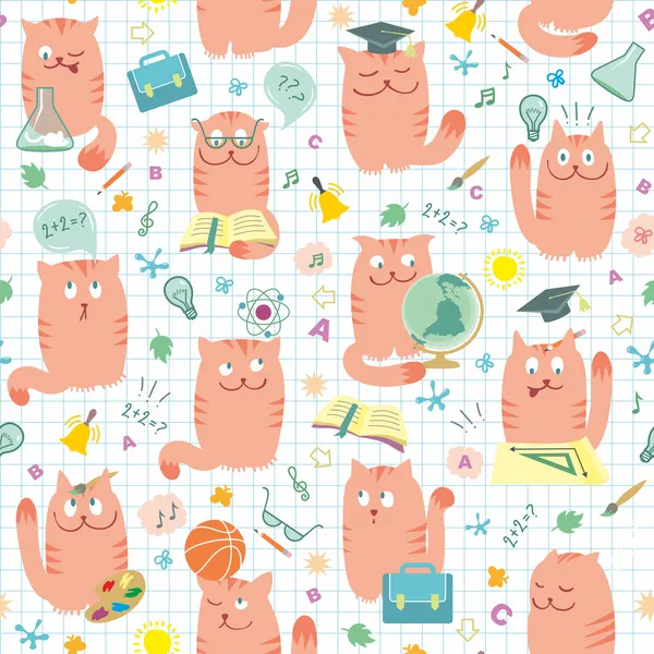 Nahtloses Muster - rosa Katzen und Schule — Stockvektor