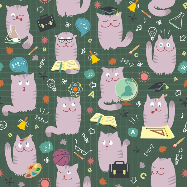Cats At School - Seamless Pattern — Stock Vector