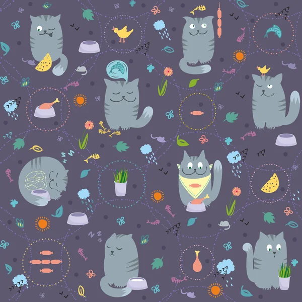 Seamless Pattern - Cats And Natural Foods — Stock Vector