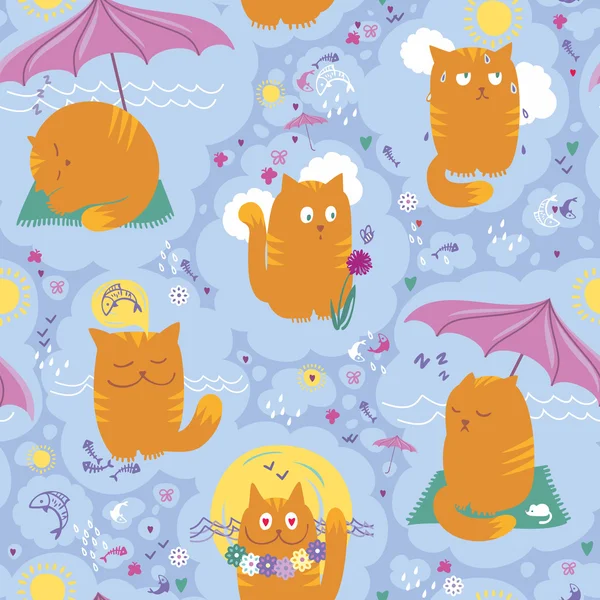 Seamless Pattern - Cats And Summer Vacation — Stock Vector