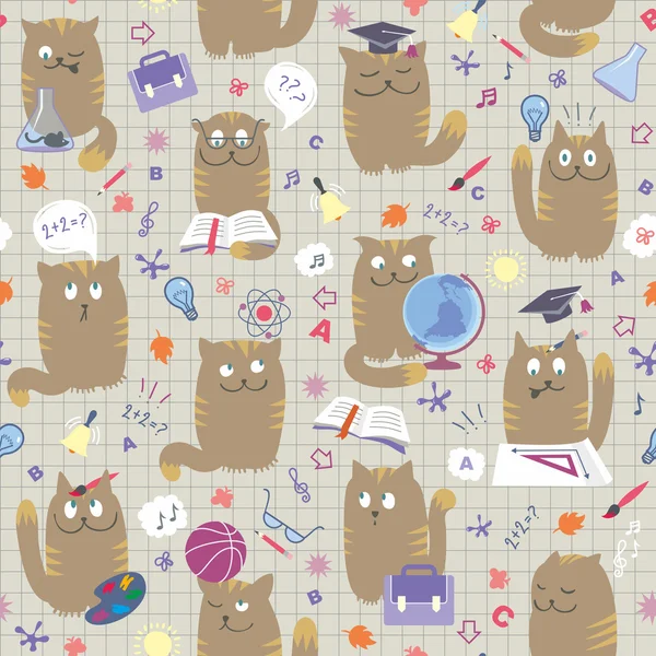 Clever School Cats - Seamless Pattern — Stock Vector