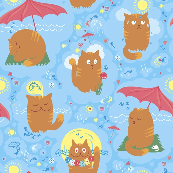 Seamless Pattern - aranyos nyári macskák — Stock Vector