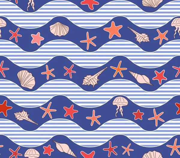 Бесшовный рисунок с волнами, звездами, медузами и ракушками — стоковый вектор