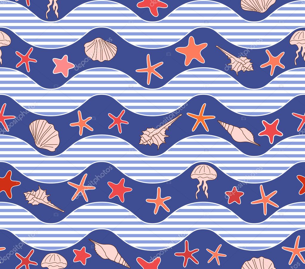 Seamless pattern with waves, stars, jellyfish and seashells