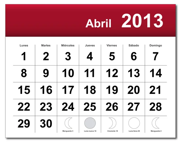 Wersja hiszpańska kwietnia 2013 roku kalendarzowego — Wektor stockowy