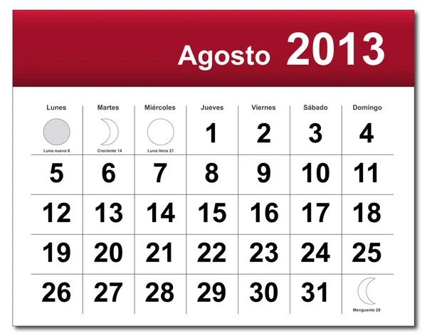 8 月 2013年カレンダーのスペイン語版 — ストックベクタ