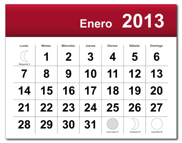 Spaanse versie van januari 2013 kalender — Stockvector