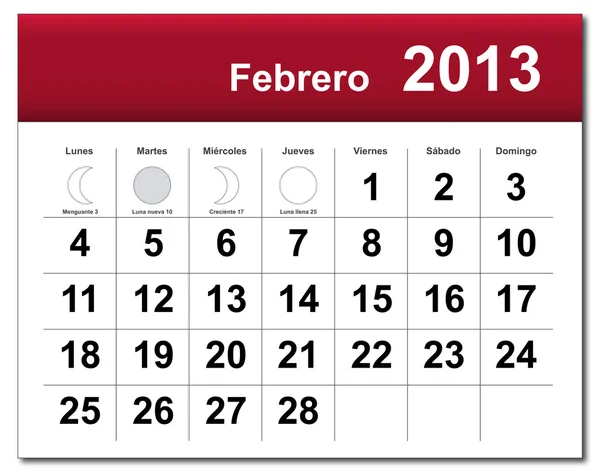 Spanish version of February 2013 calendar — Stock Vector