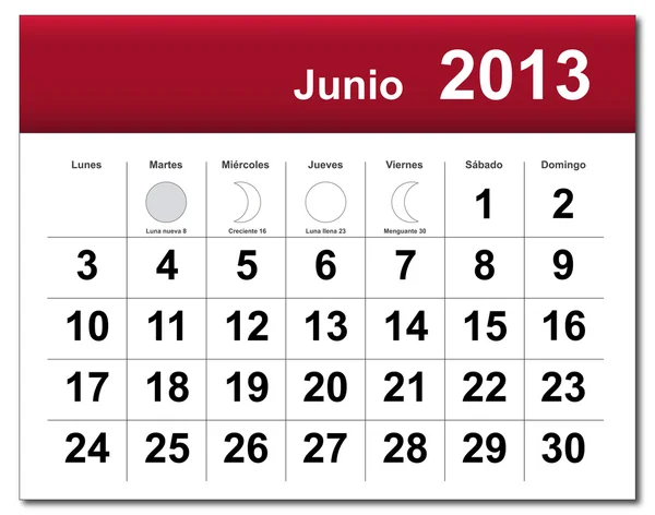 6 월 2013의 스페인어 버전 캘린더 — 스톡 벡터