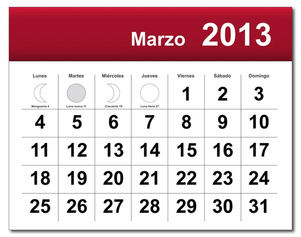 Wersja hiszpańska kalendarz marzec 2013 — Wektor stockowy