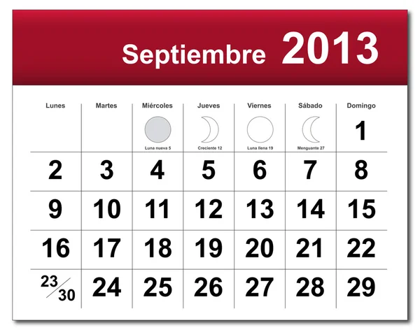 Versione spagnola del calendario di settembre 2013 — Vettoriale Stock