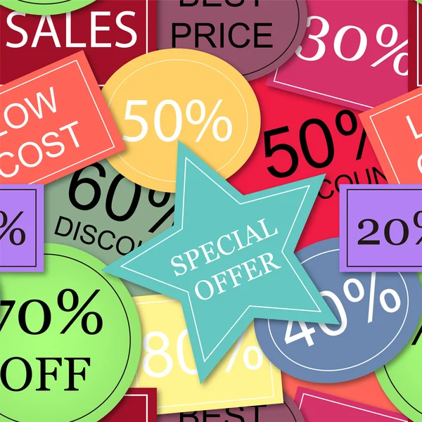 Seamless vector with colorful tags of price discounts and offers — Stock Vector