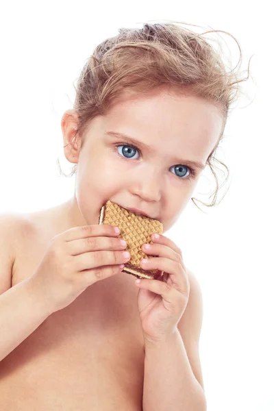 stock image Beautiful sweet little girl eating a cookie