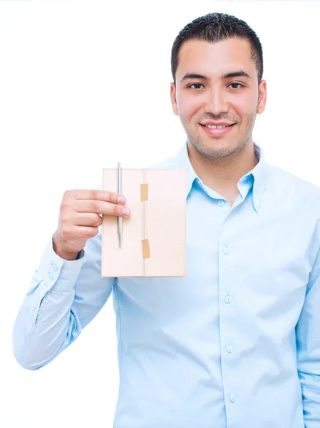 Νέος ευτυχής επιχειρηματίας που κατέχουν θέση γράμμα, πάνω από το λευκό φόντο — Φωτογραφία Αρχείου