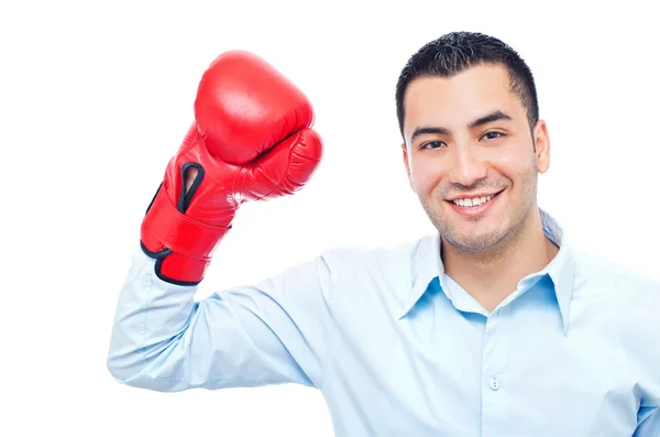 Young happy businessman with box glove — Stock Photo, Image