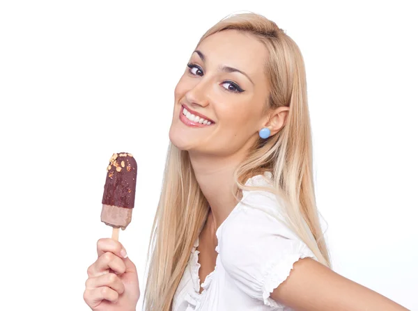 Happy woman eating ice cream,isolated on white — Stock Photo, Image