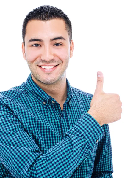 Feliz homem de negócios sorridente com polegares para cima gesto, isolado no wh — Fotografia de Stock