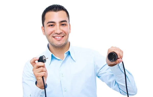 Podnikatel drží elektrokabel zvedáky — Stock fotografie