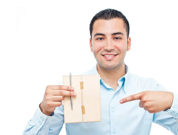 Joven hombre de negocios feliz sosteniendo carta postal, sobre fondo blanco — Foto de Stock