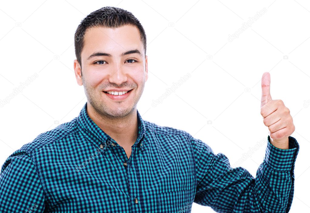 Businessman with finger pointing up, isolated