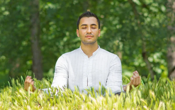 Glücklicher junger Mann ruht sich auf Feld-kleinem dof aus — Stockfoto