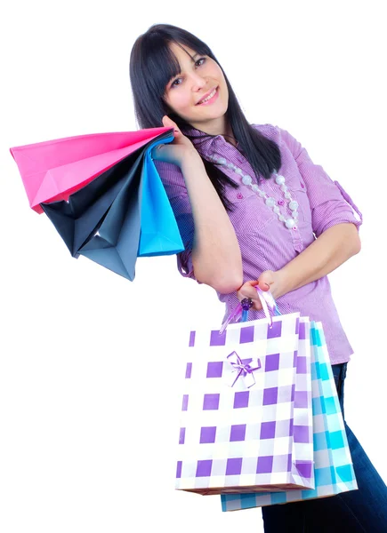 Vrouwen met shopping tassen, geïsoleerd-studio schoot — Stockfoto