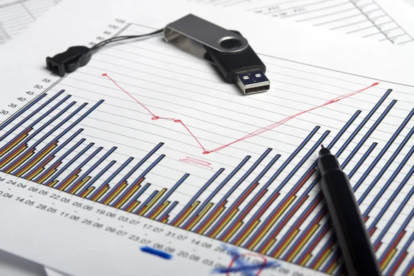 Photo of pages with graphics,pen and usb flash — Stock Photo, Image