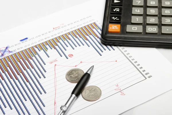 Photo of document with pen and coins — Stock Photo, Image