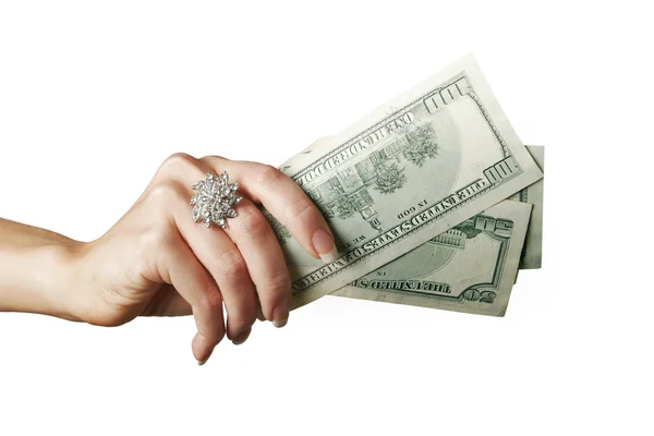 一张照片的与圆环的女人的手中有金钱 — 图库照片
