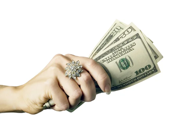 A photo of money in woman's hand with the ring — Stock Photo, Image