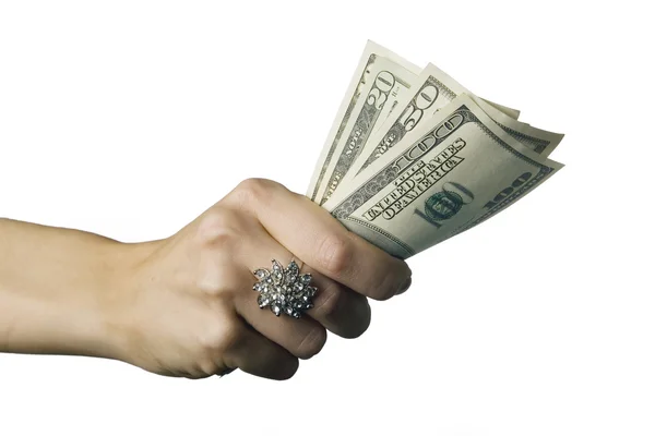 A photo of money in woman's hand with the ring — Stock Photo, Image
