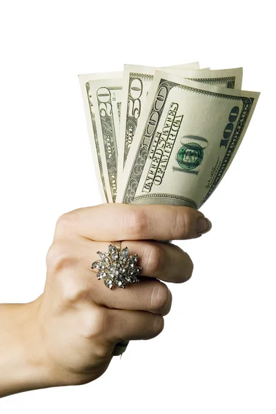 一张照片的与圆环的女人的手中有金钱 — 图库照片