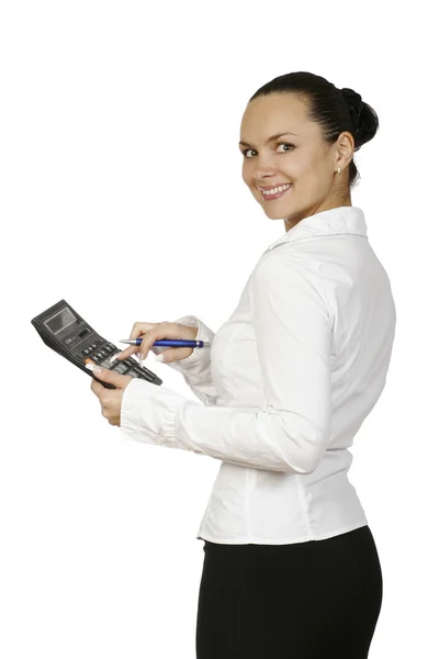 Молодая деловая женщина с калькулятором — стоковое фото